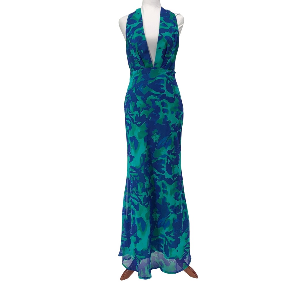 Saints & Secrets sz Small Blue Teal Abstract Floral Halter Deep V Maxi Dress